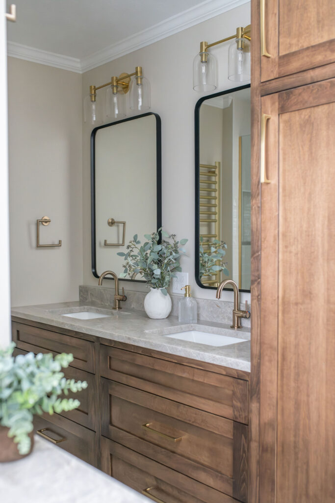 Master bathroom in Hudson Ohio home with light neutral color palette and soft woods. Lindsey Putzier interior design 