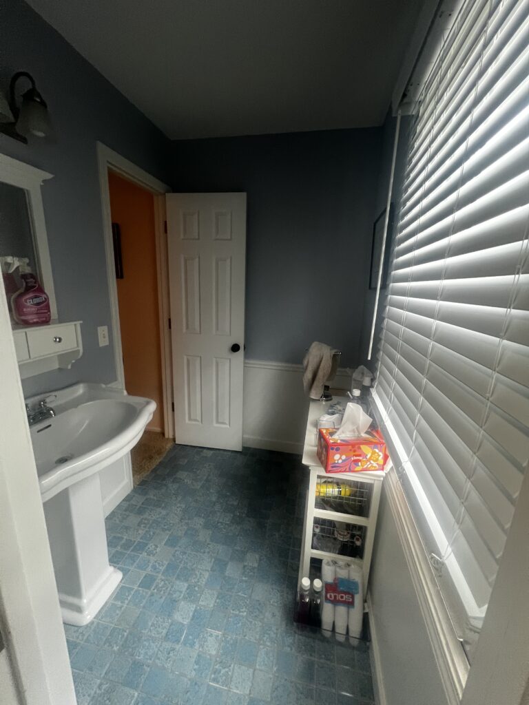 Before of the kids bathroom in Hudson Ohio with dated colors and fixtures. Lindsey Putzier interior design 