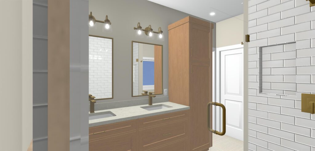 Renderings of the Master bathroom in Hudson Ohio with neutral wood and white clean tile. Lindsey Putzier interior design Hudson Ohio 