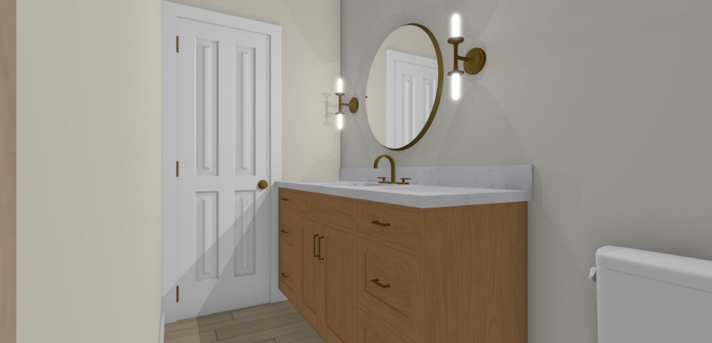 Renderings of the powder room with updates vanity and countertops. Lindsey Putzier interior design Hudson Ohio 