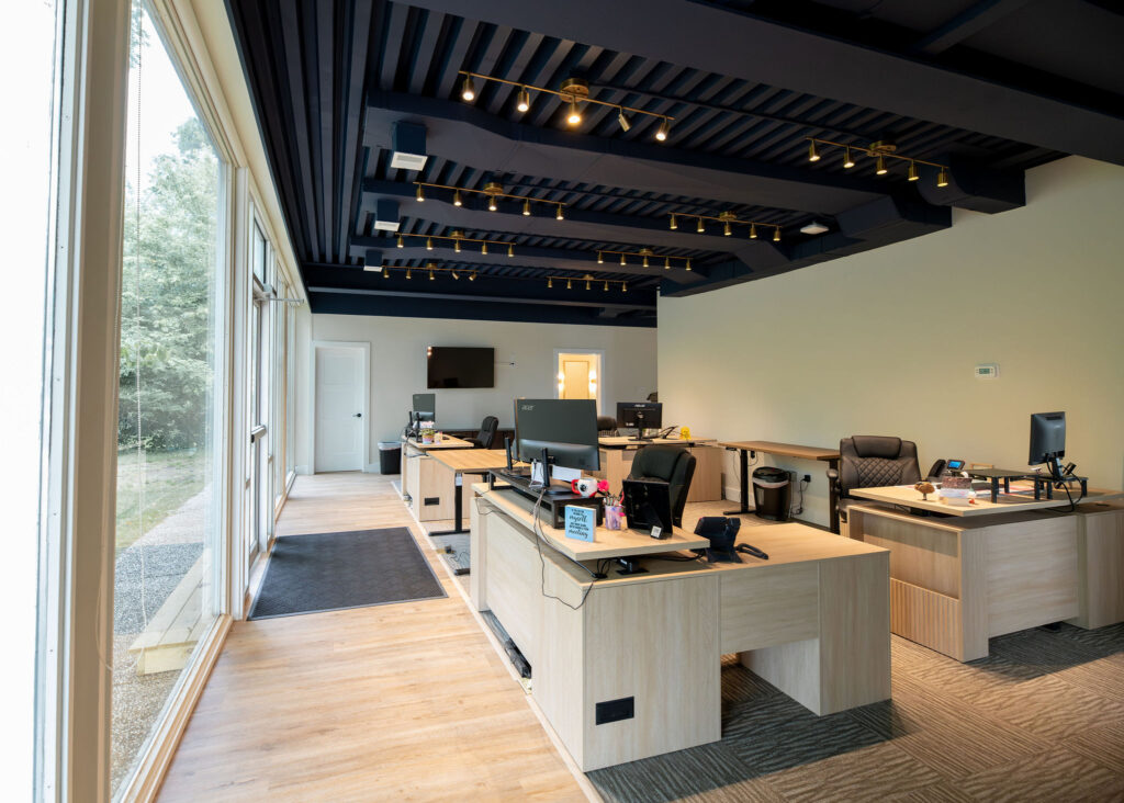 After of the office space with new lighting and painted ceilings. Cuyahoga Falls Ohio. Lindsey Putzier interior design