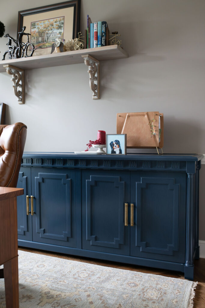 Blue sideboard in the home office with gold hardware. Lindsey Putzier Interior Design Aurora Ohio  