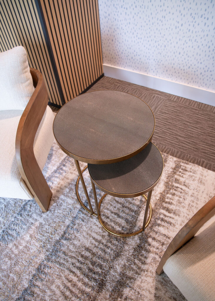 Side tables in the main lobby. Cuyahoga Falls Ohio. Lindsey Putzier interior design