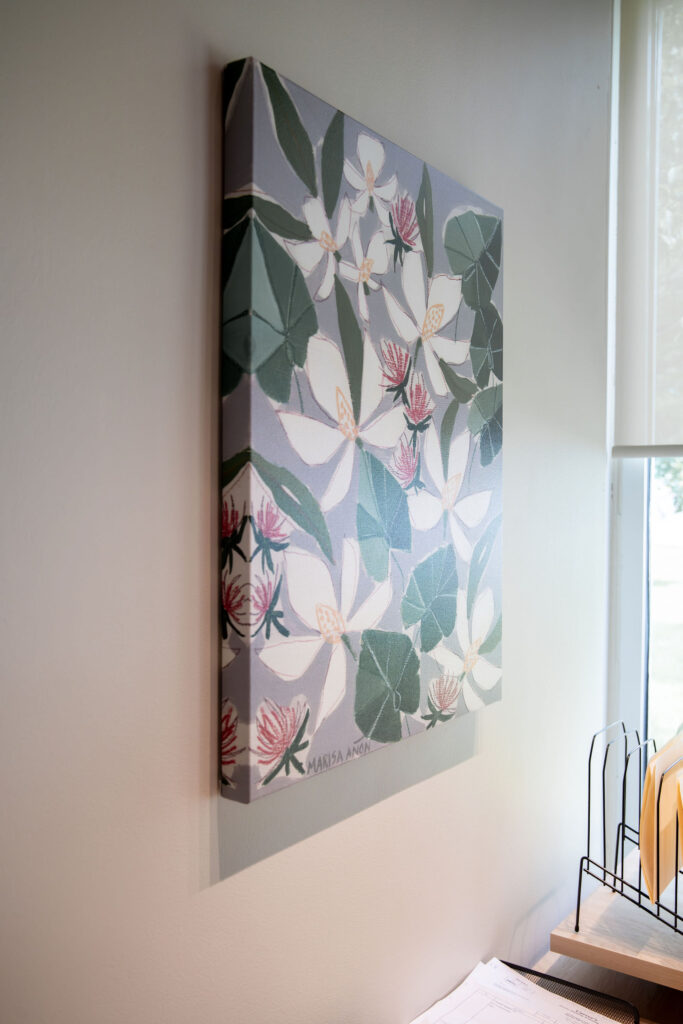 Floral artwork throughout the office. Cuyahoga Falls Ohio. Lindsey Putzier interior design