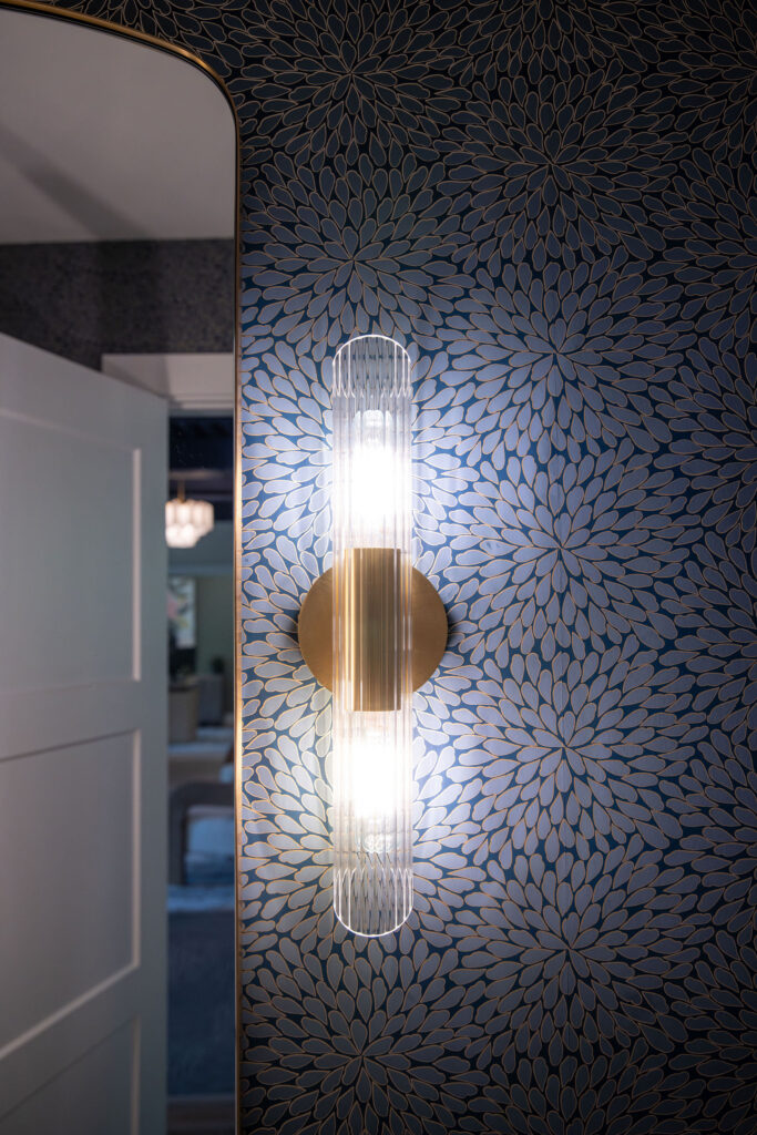 updated gold sconce lighting in the bathroom. Cuyahoga Falls Ohio. Lindsey Putzier interior design