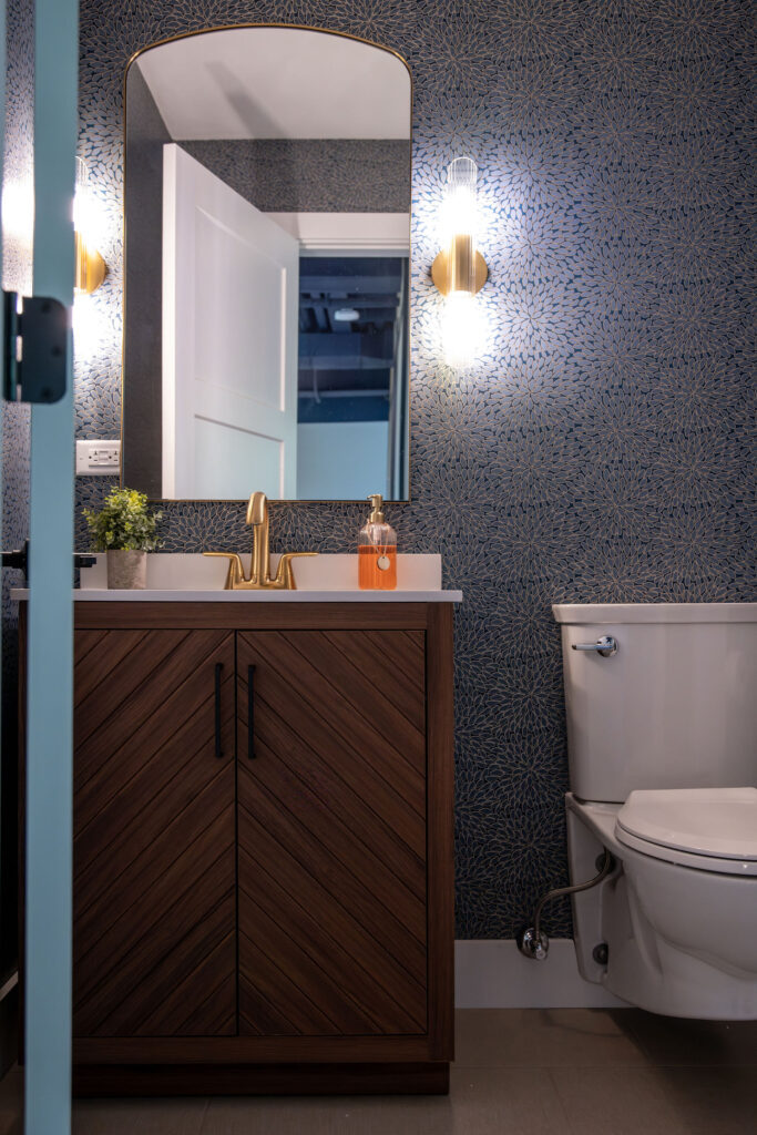Updates wooden vanity in the bathroom. Cuyahoga Falls Ohio. Lindsey Putzier interior design
