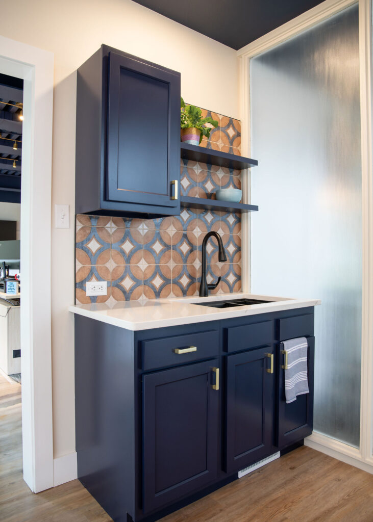 Updated sink and cabinets in the break room. Cuyahoga Falls Ohio. Lindsey Putzier interior design