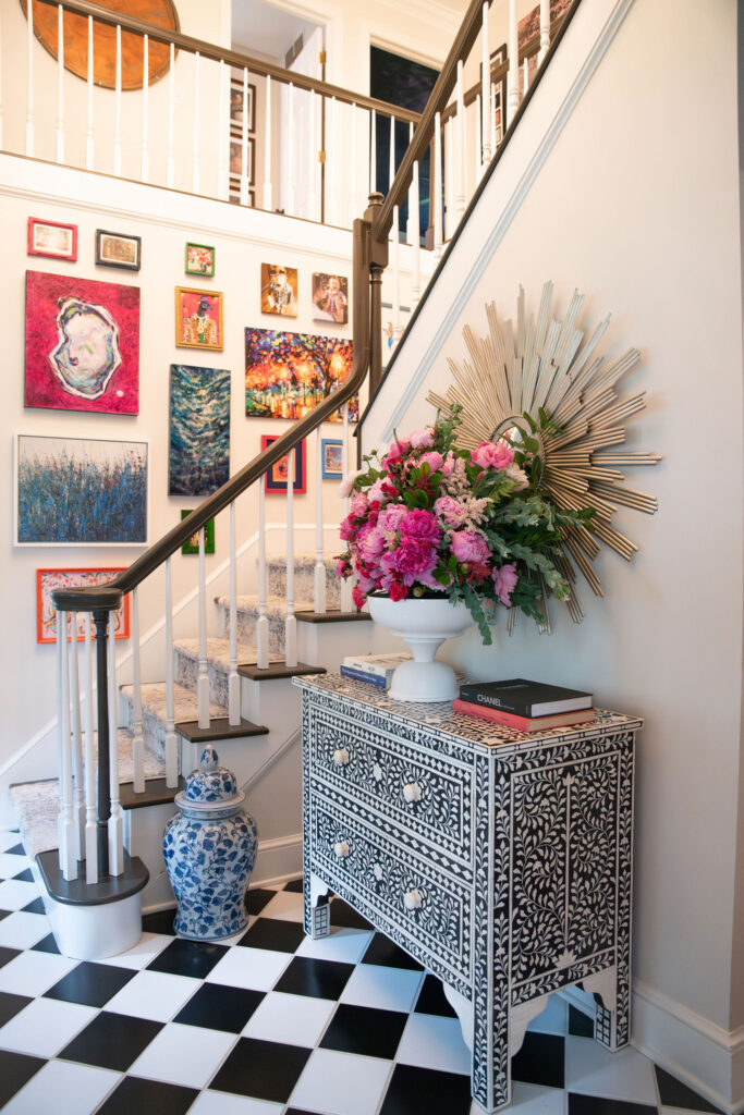 Foyer of Lindsey's home with gallery wall, and pink flower arrangement Hudson Home and Garden Show 2026, interior design, Lindsey Putzier