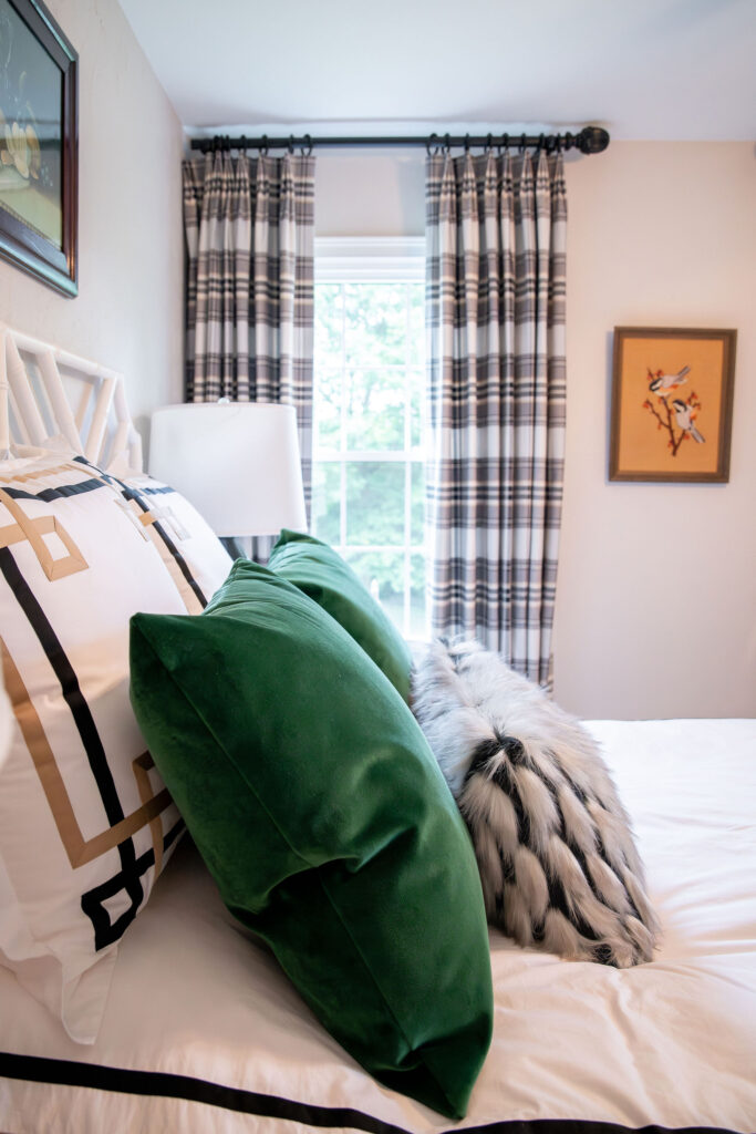 guest bedroom with plaid curtians. Hudson Ohio interior design Lindsey Putzier 