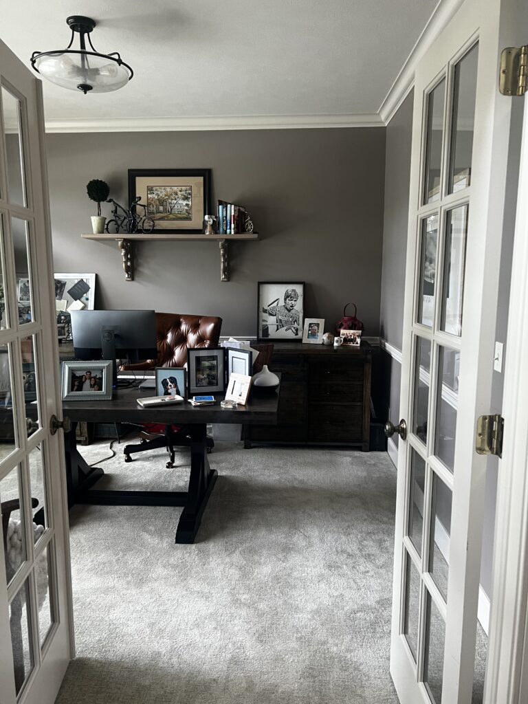 Before of the office with dark walls and little color. Lindsey Putzier Interior Design Aurora Ohio  