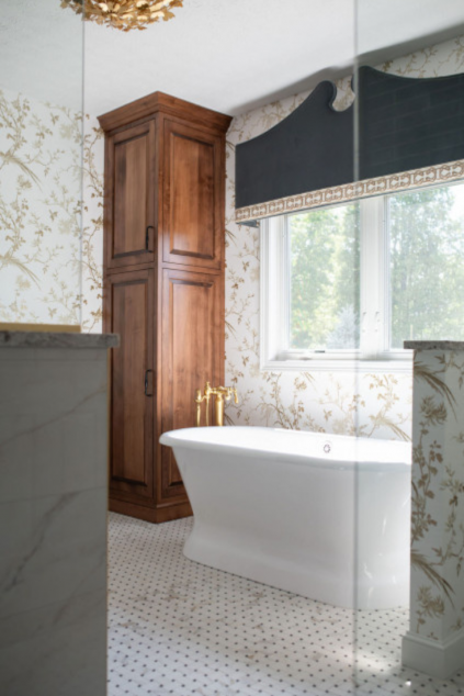 Large cornice board in the master bathroom. Hudson Ohio interior design Lindsey Putzier 