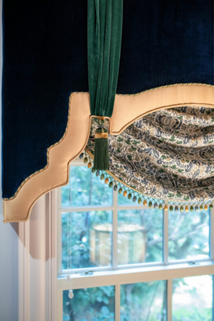 Classical window treatments in the sitting room with fringe, velvet and pattern. Hudson Ohio interior design Lindsey Putzier 