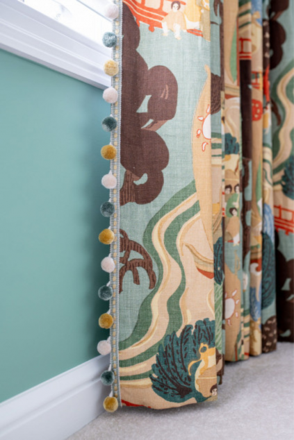 Curtains with a ball fringe. Hudson Ohio interior design Lindsey Putzier 