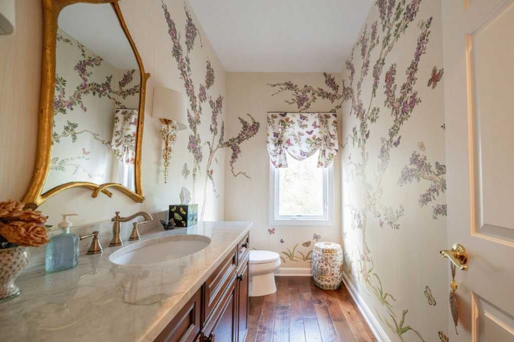 Fantasy window treatment in the powder room. Hudson Ohio interior design Lindsey Putzier 