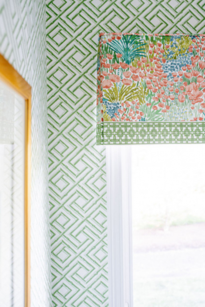 Window treatment in the powder room with pattern and then a trim. Hudson Ohio interior design Lindsey Putzier 