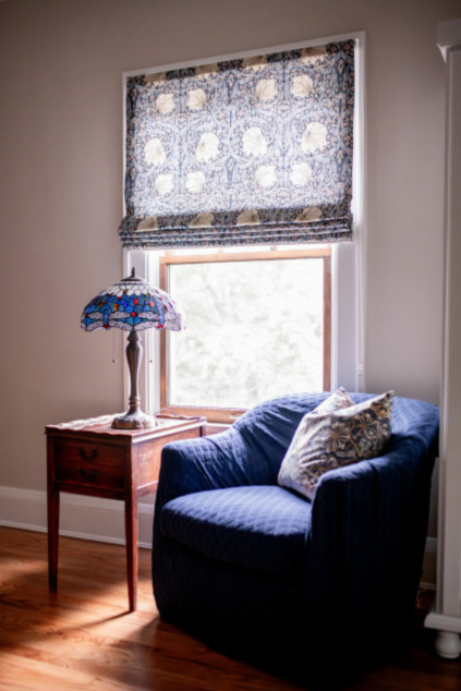 Study with a blue patterned window treatment.Hudson Ohio interior design Lindsey Putzier 