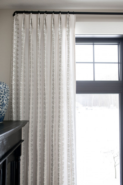 Pleated hanging curtains in the home office. Hudson Ohio interior design Lindsey Putzier 