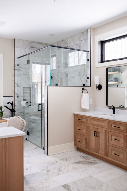 Master bathroom with no lip shower. aging in place, Hudson Ohio Lindsey Putzier interior design