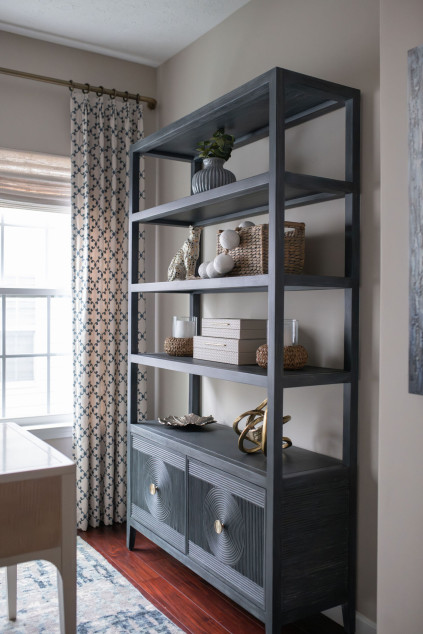Home office with styled bookshelf. Hudson Ohio interior design Lindsey Putzier 