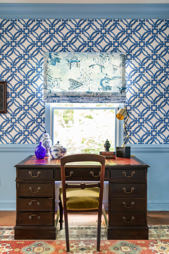 Blue ornamental roman shade in a home office. Hudson Ohio interior design Lindsey Putzier 