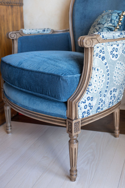 custom reupholstered chair in the dining room. Hudson Ohio interior design Lindsey Putzier 