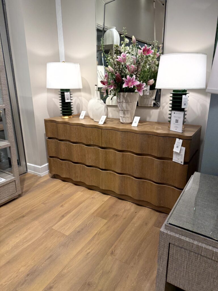 Dresser with a scalloped front design. High Point Market Lindsey Putzier interior design, Hudson Ohio 