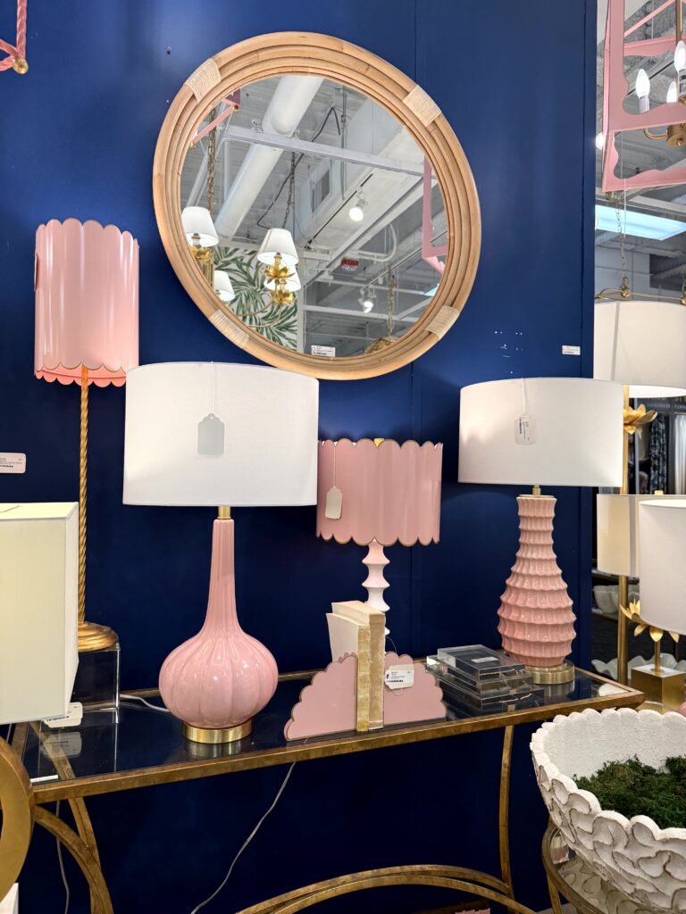 Pink lamps with scalloped edges. High Point Market Lindsey Putzier interior design, Hudson Ohio 
