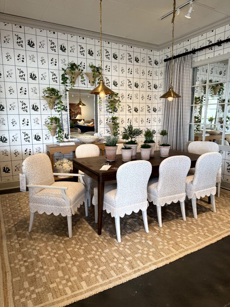 dining room chairs with a scalloped detail. High Point Market Lindsey Putzier interior design, Hudson Ohio 