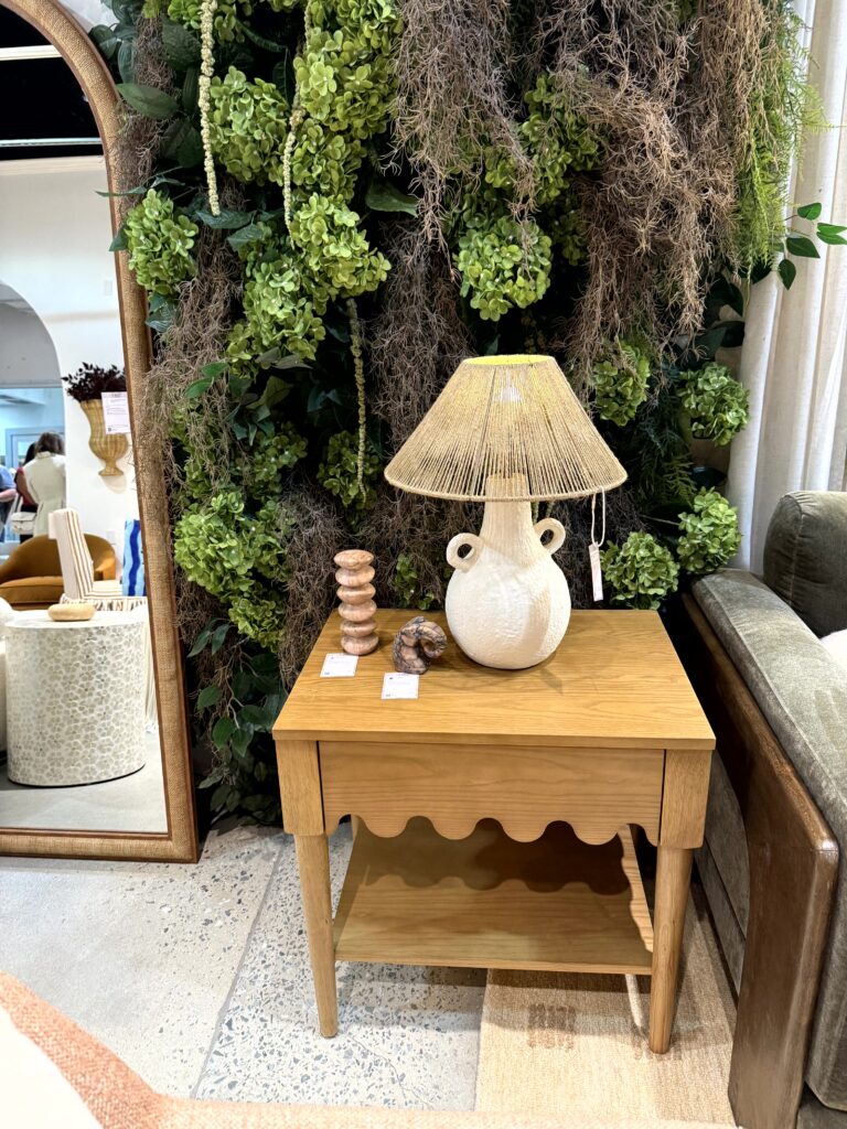 Side table with scalloped edges. High Point Market Lindsey Putzier interior design, Hudson Ohio 