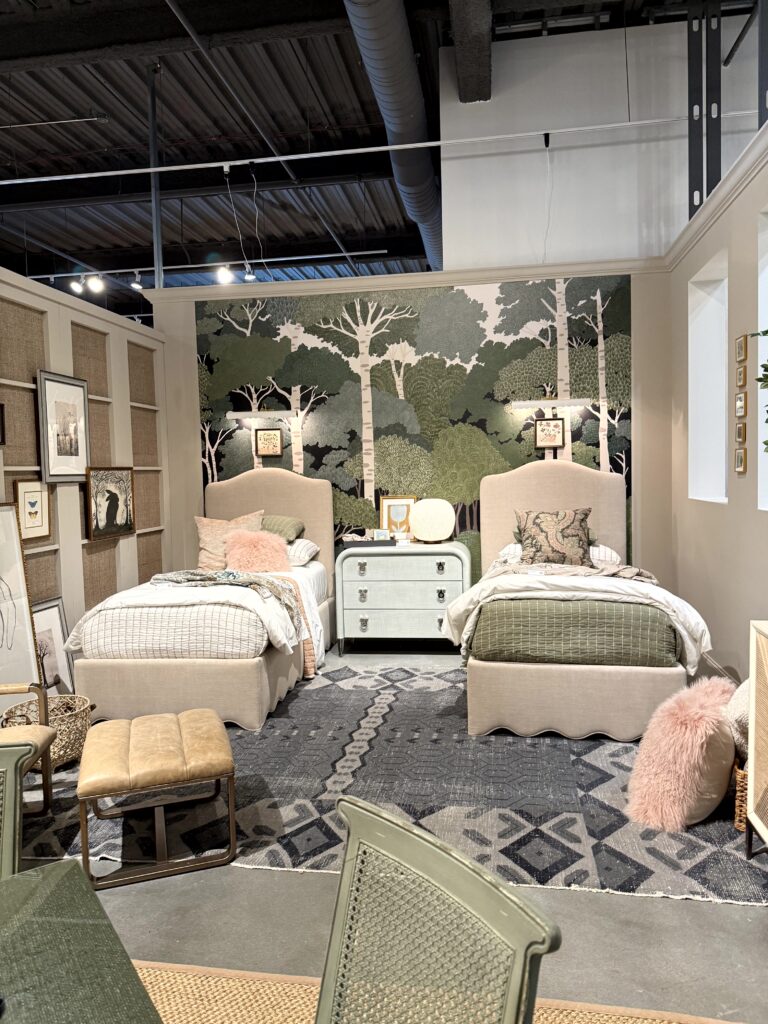 Bedframes with a scalloped bottom edge. High Point Market Lindsey Putzier interior design, Hudson Ohio 