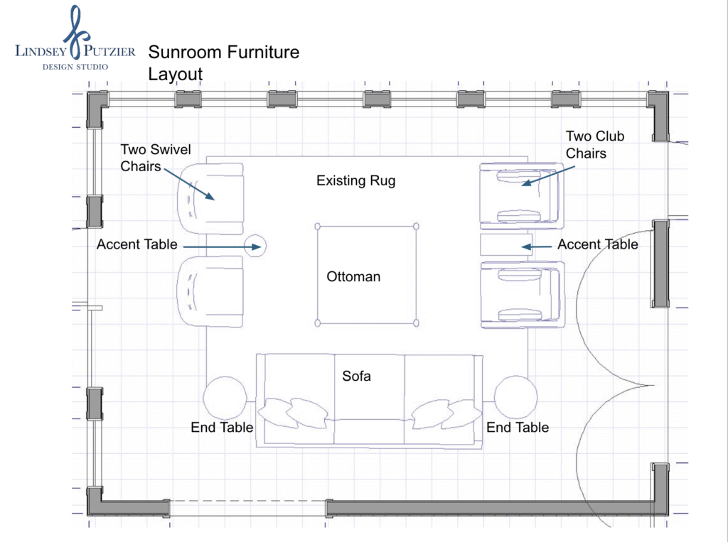 Floorplan and furniture layout of a sunroom, Hudson Ohio interior design Lindsey Putzier 