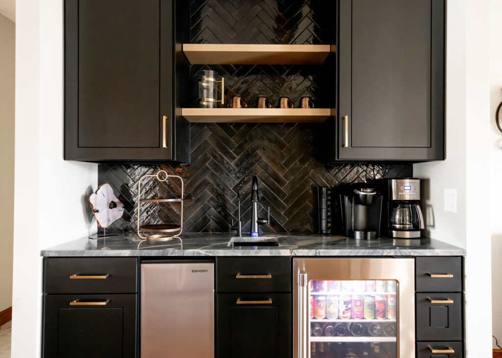 in home wet bar with coffee station Lindsey Putzier interior design Hudson Ohio