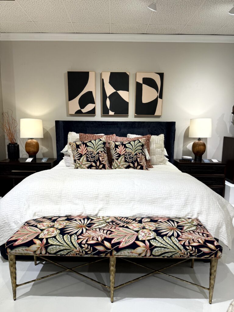 Bedroom with floral seating and accent pillows High Point Market, interior design trends, Lindsey Putzier Hudson Ohio