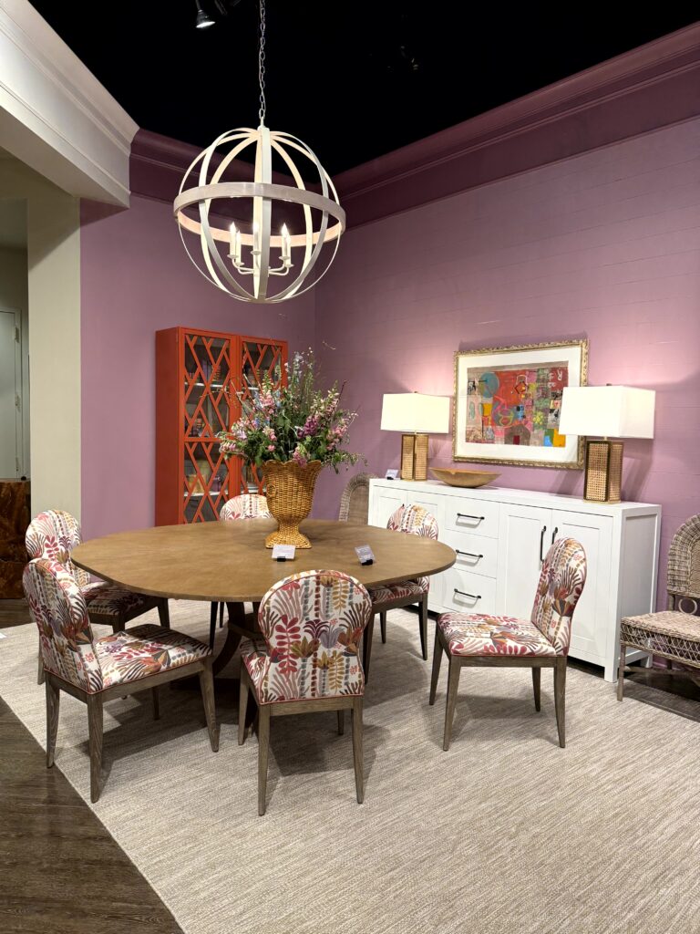 Dining room set with floral fabric chairs High Point Market, interior design trends, Lindsey Putzier Hudson Ohio