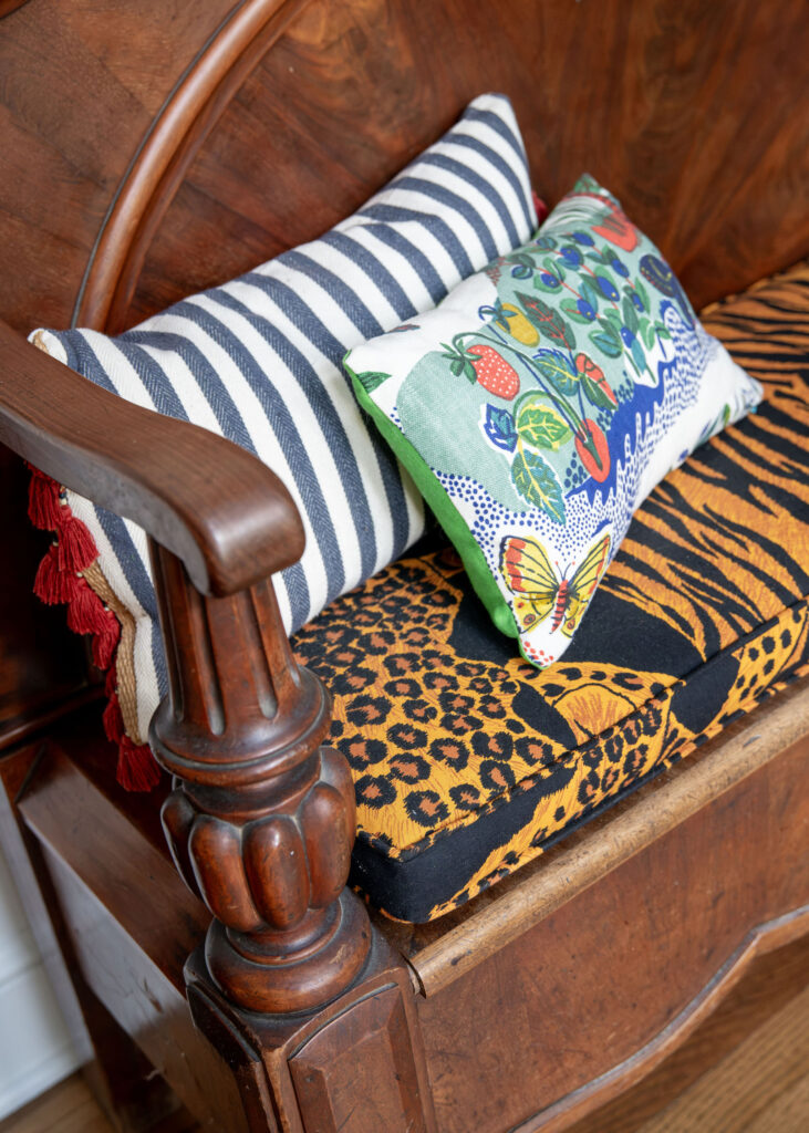 custom bench cushion in the front hallway.Hudson Ohio Interior design Lindsey Putzier