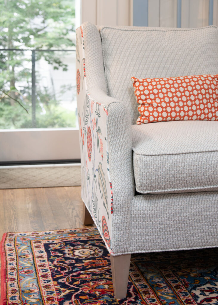 Custom chair with a pattern on the back and sides. Hudson Ohio Interior design Lindsey Putzier