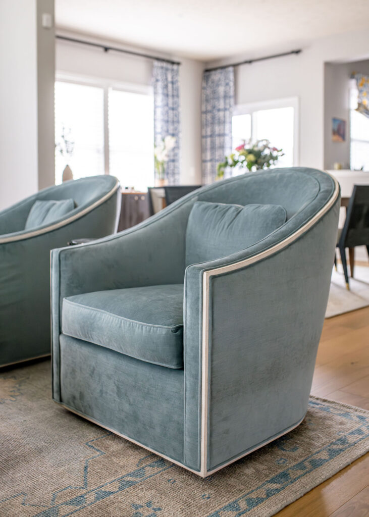 custom cr laine chair with contrast welt in the living room. Lindsey Putzier interior design Hudson Ohio